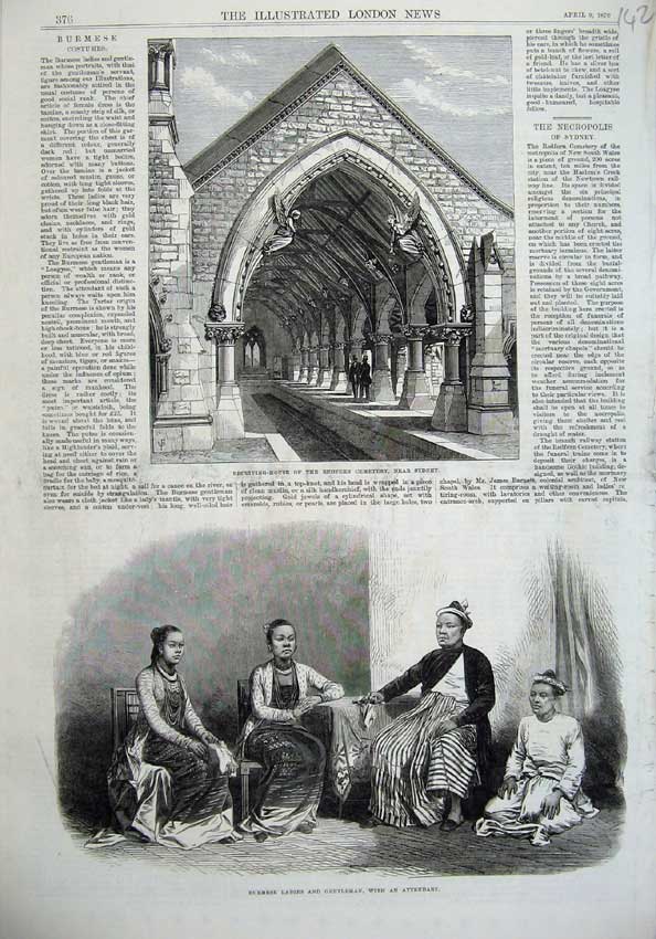 Old Antique Print Redfern Cemetery Australia 1870 Burmese Ladies Men Art 19th