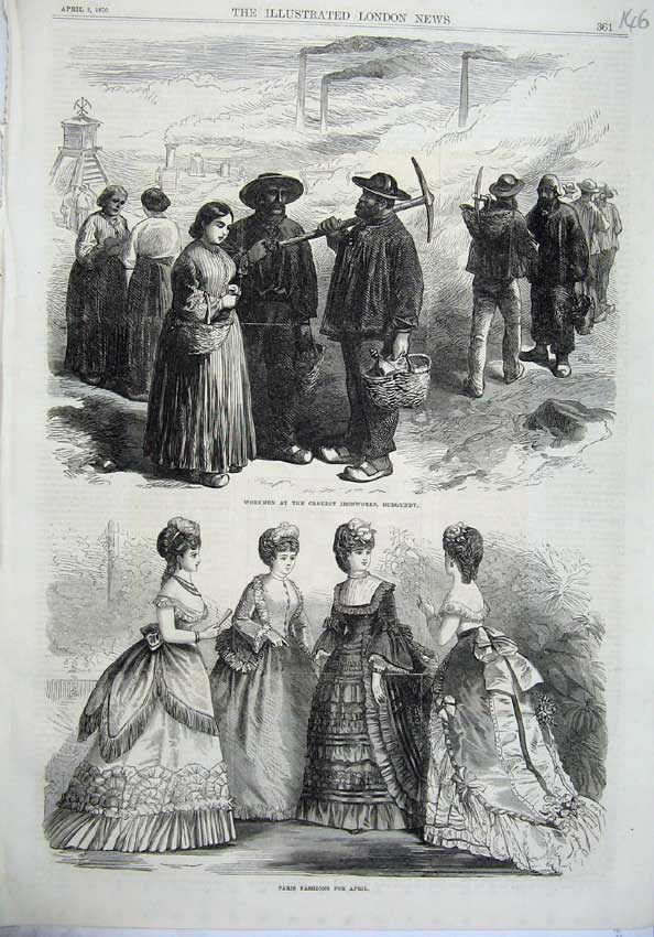 Old Antique Print Paris Fashion 1870 Workmen Creuzot Ironworks Burgundy 19th