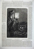 Original Old Antique Print Fine Art 1870 Young Boy Torch Coin Basket Fruit Hunt