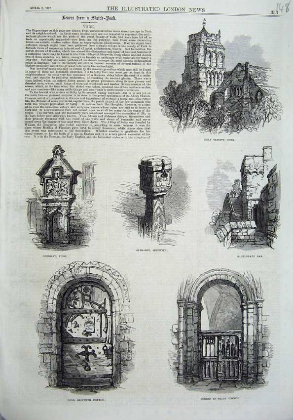 Old Antique Print York 1870 Holy Trinity Skipwich Church Micklegate Selby 19th