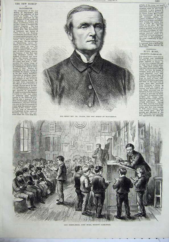 Old Antique Print Fraser Bishop Manchester 1870 School Boys Home Regents 19th