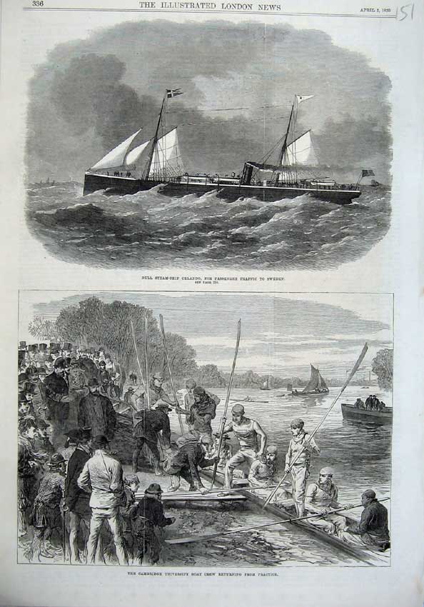 Old Antique Print 1870 Hull Steam Ship Orlando Sweden Cambridge Boat Crew 19th
