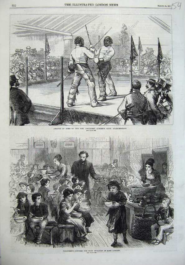 Old Antique Print Assault Arms Athletics 1870 Dinner Poor Children London 19th
