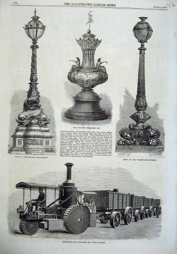 Old Antique Print 1870 Thomson Road-Steamer Coal-Waggons Lamp Thames Cup 19th