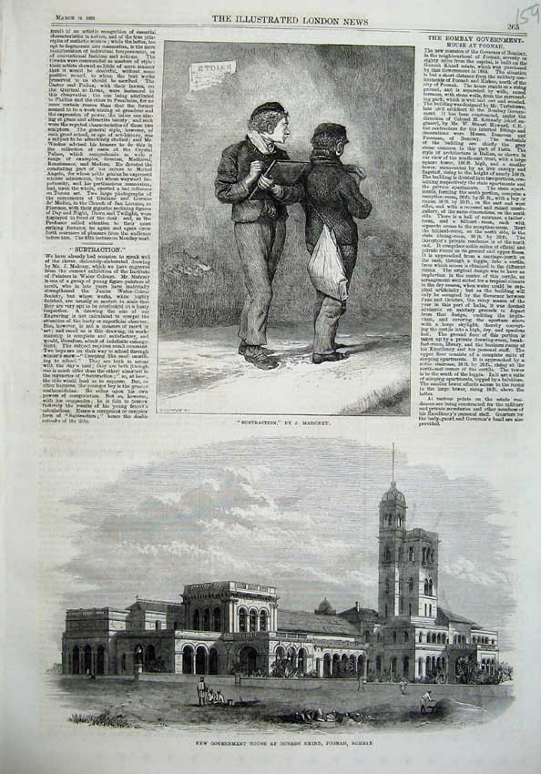Old Antique Print Government House Gunesh Khind Poonah Bombay 1870 Boys 19th