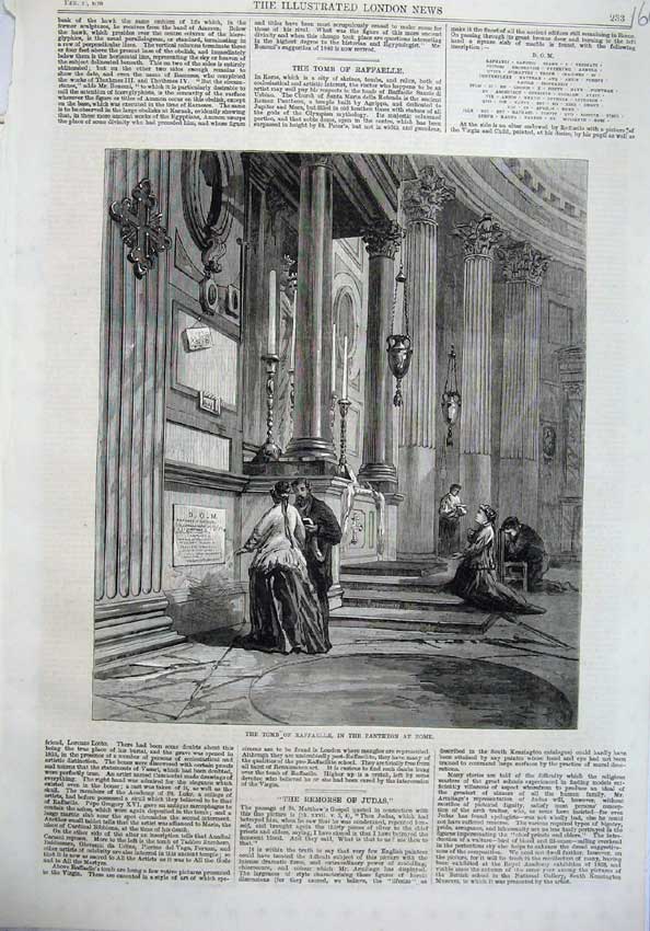 Original Old Antique Print 1870 Tomb Raffaelle Pantheon Rome People Fine Art