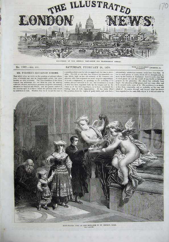 Original Old Antique Print 1870 Holy Water Font Entrance St Peter'S Church Rome