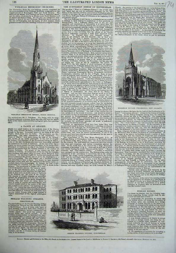 Old Antique Print Weslyan Church Brixton New Zealand 1870 Female College 19th