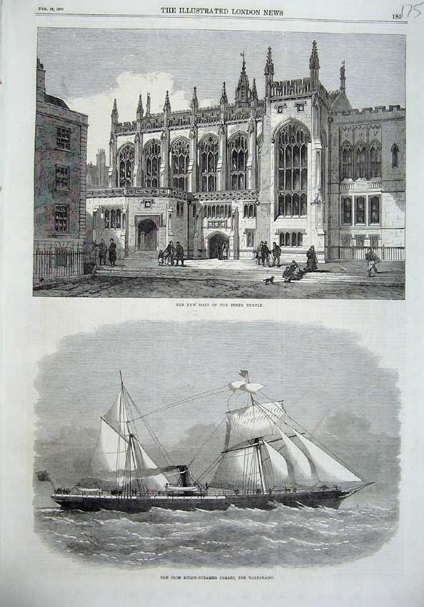 Old Antique Print 1870 New Hall Inner Temple Iron Screw-Steam Ship Limari 19th
