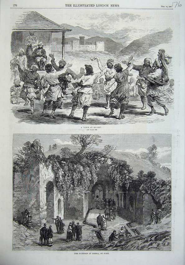 Original Old Antique Print Dance Gilghit Hindoo Koosh 1870 Fountain Egeria Rome