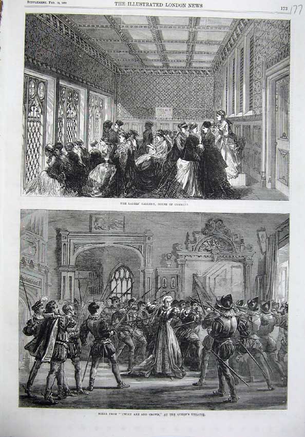 Old Antique Print Ladies Gallery House Commons 1870 Queen'S Theatre Twixt 19th