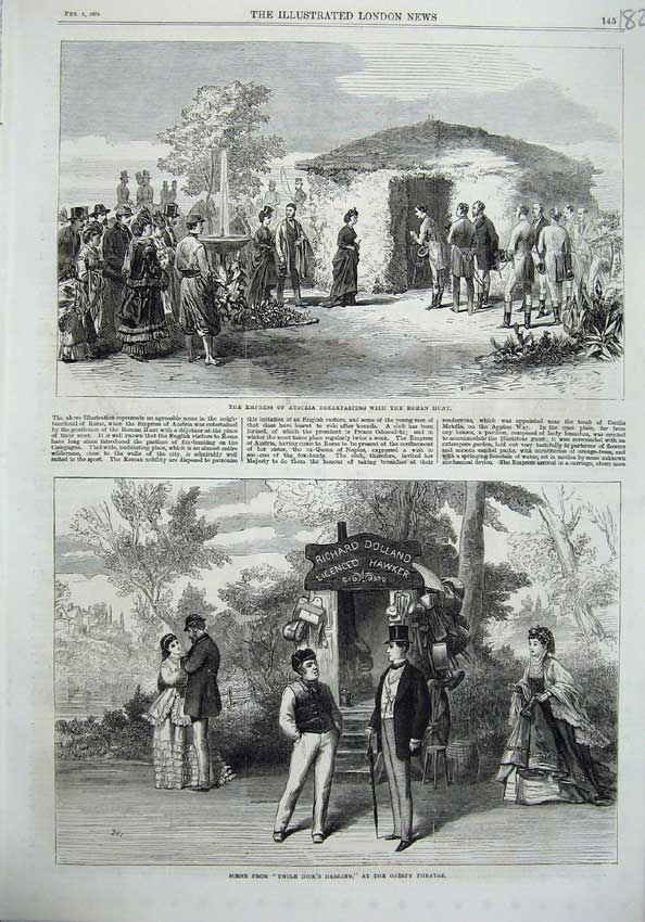Old Antique Print 1870 Empress Australia Roman Hunt Gaiety Theatre Scene 19th