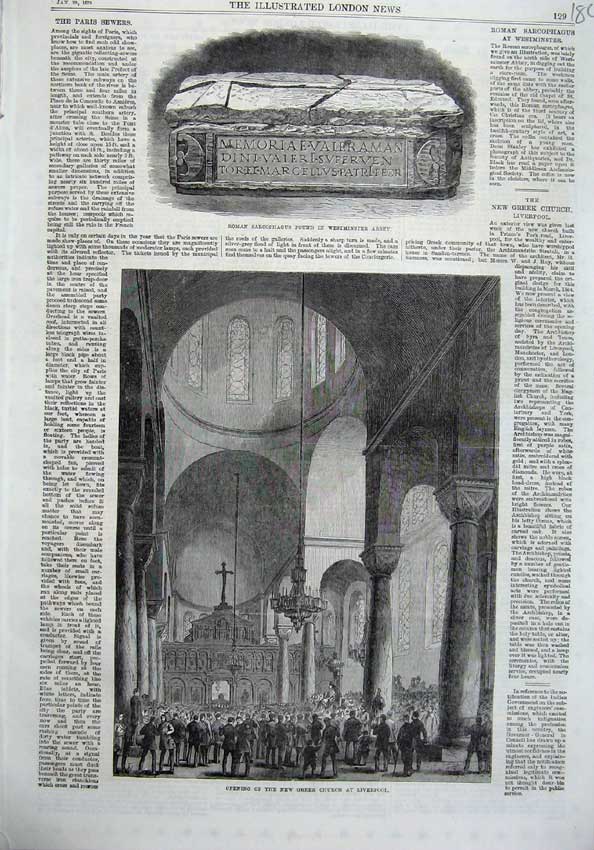 Original Old Antique Print Roman Sarcophagus Westminster 1870 Liverpool Church