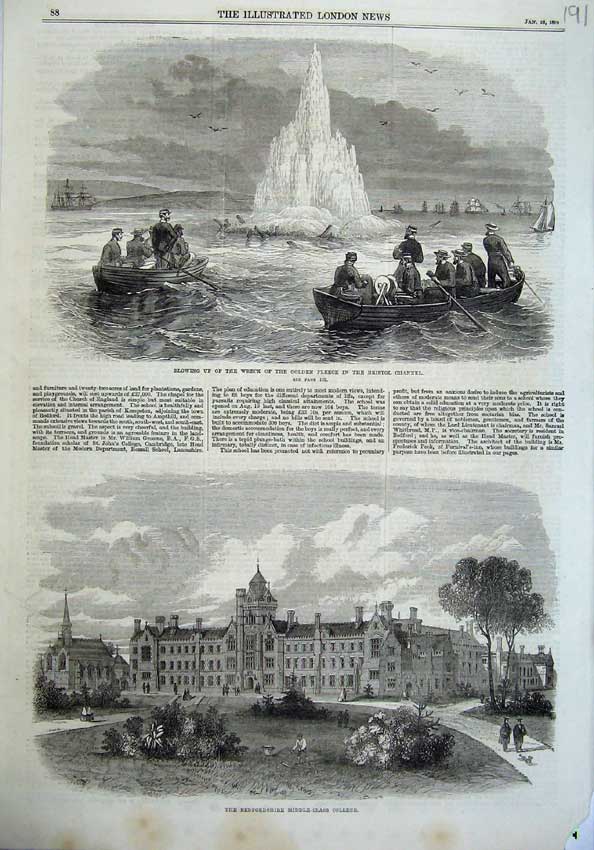 Original Old Antique Print Blowing Wreck Gen Fleece Ship Bristol 1870 College