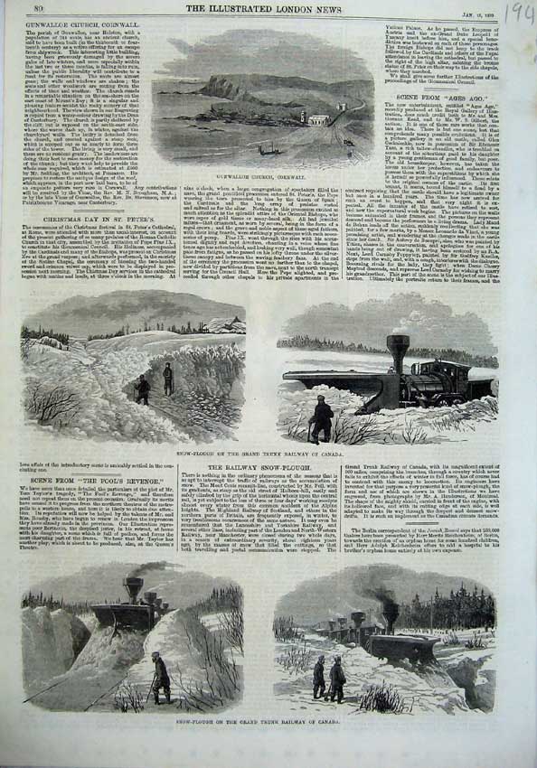 Old Antique Print Church Cornwall 1870 Snow Plough Railway Canada Train 19th