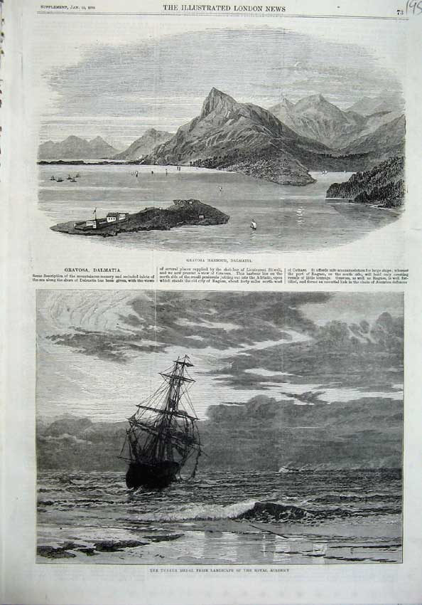 Original Old Antique Print 1870 Gravosa Harbour Dalmatia Mountains Ship Turner