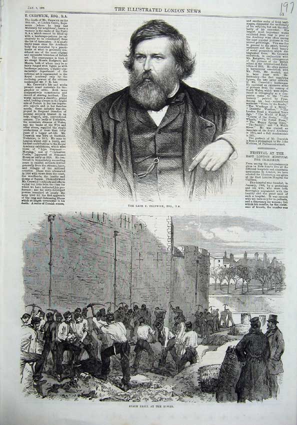 Original Old Antique Print Portrait Creswick 1870 Spade Drill Tower Castle Sier