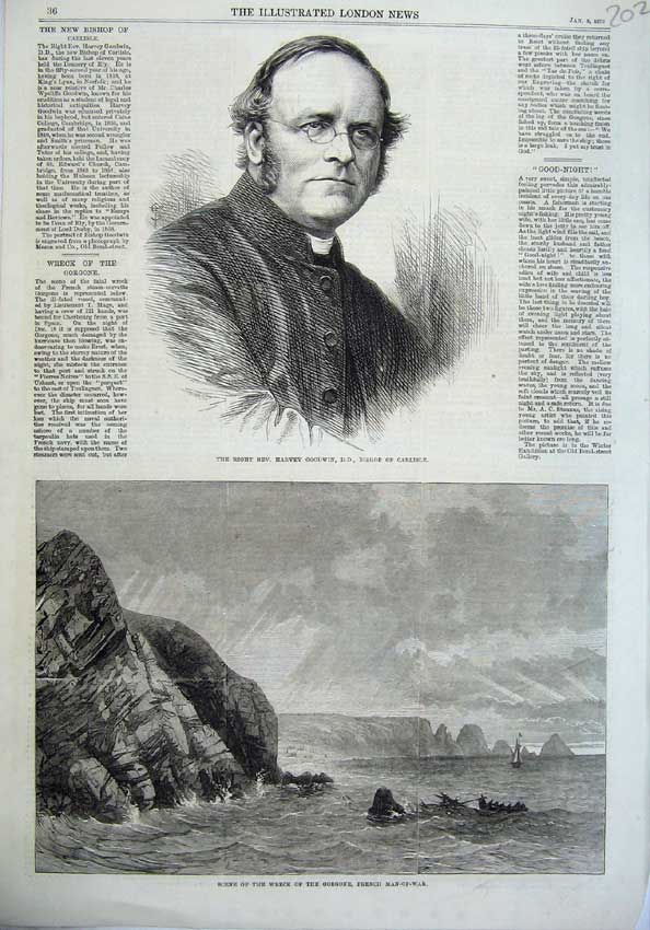 Original Old Antique Print Harvey Goodwin Bishop 1870 Ship Wreck Gorgone French