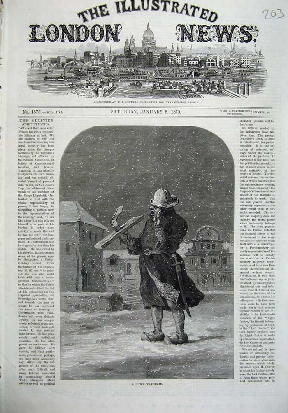 Original Old Antique Print 1870 Fine Art Dutch Watchman Snow Storm Clogs Houses