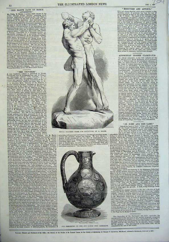 Old Antique Print Jug Kings Regiment 1870 Academy Prize Sculpture Brock 19th