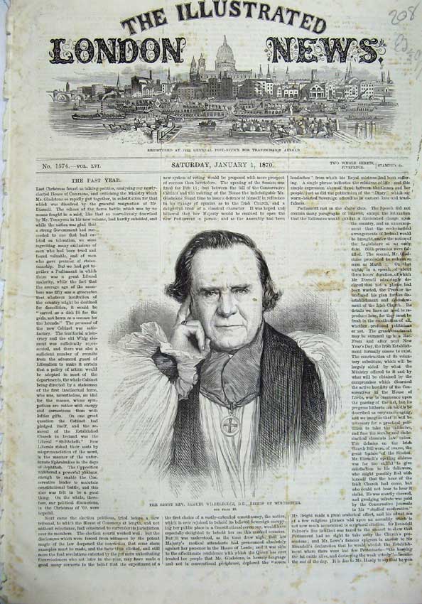 Old Antique Print 1870 Rev. Samuel Wilberforce Bishop Winchester Portrait 19th