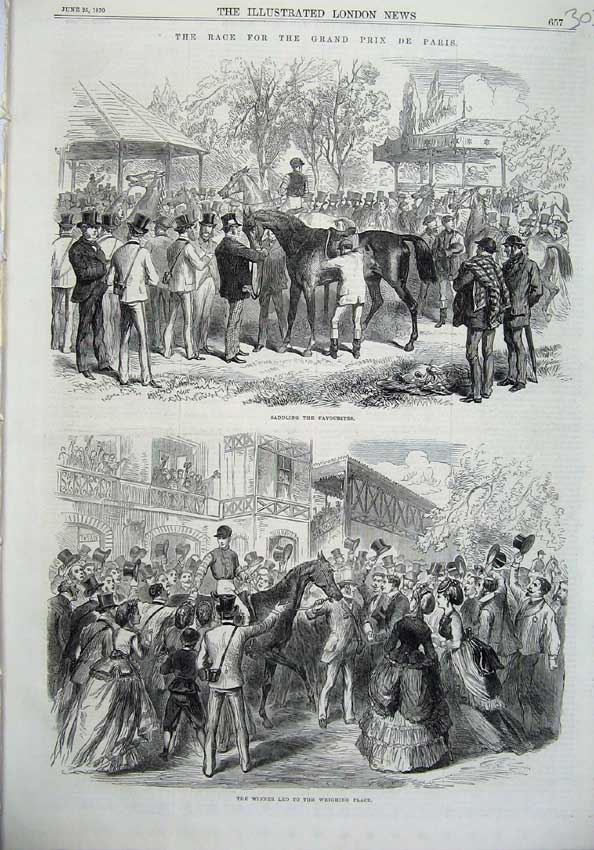 Old Antique Print Horse Race Grand Prix Paris 1870 Saddling Winner Sport 19th