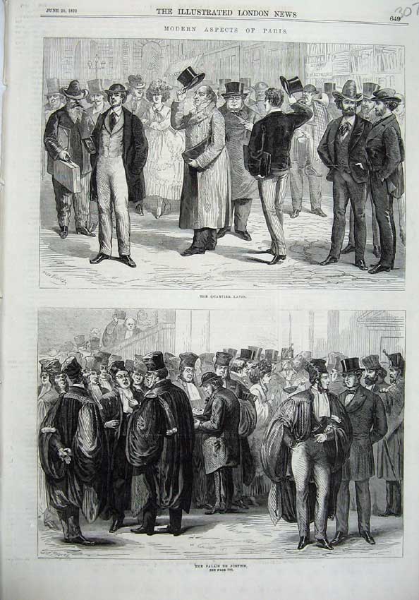 Old Antique Print Paris France 1870 Palais Justice Quartier Latin People 19th
