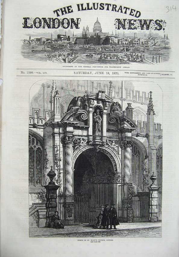 Original Old Antique Print 1870 Fine Art Porch St Mary'S Church Oxford England