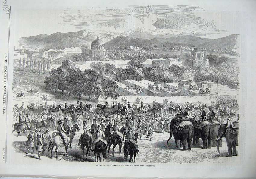 Original Old Antique Print 1870 Entry Governor General India Peshawur Elephants