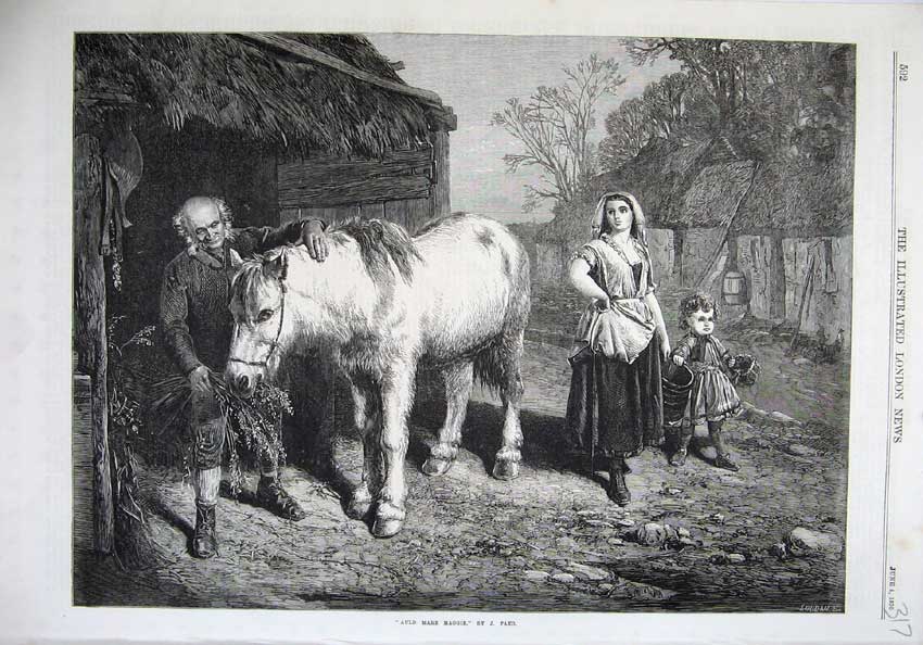Original Old Antique Print 1870 Fine Art Auld Mare Maggie Horse Farm Man Barn