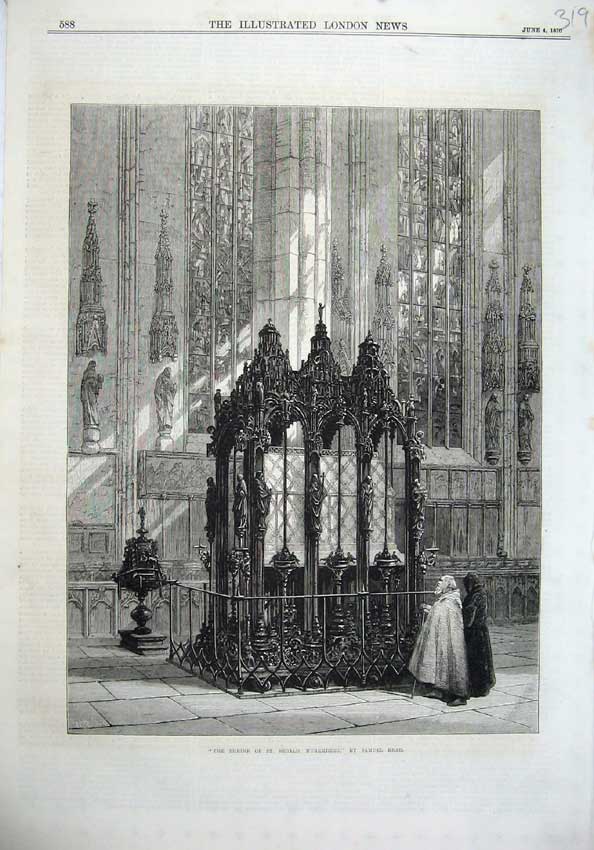 Original Old Antique Print 1870 Fine Art Shrine St Sebald Nuremberg Samuel Read