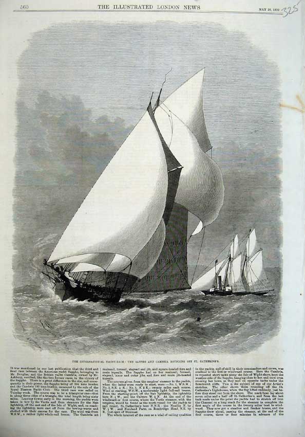 Original Old Antique Print 1870 International Yacht Match Sappho Cambria Ships