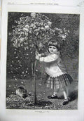 Old Antique Print 1870 Fine Art Playmates Little Girl Kitten Cat Garden 19th