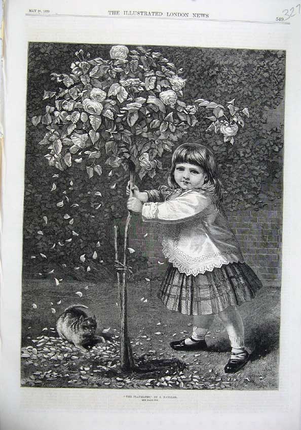 Old Antique Print 1870 Fine Art Playmates Little Girl Kitten Cat Garden 19th