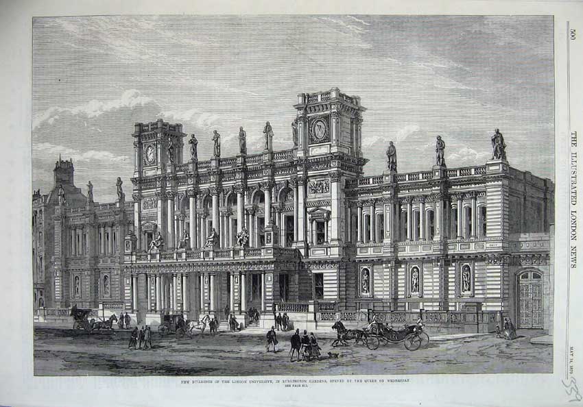Original Old Antique Print 1870 Fine Art Buildings London University Burlington