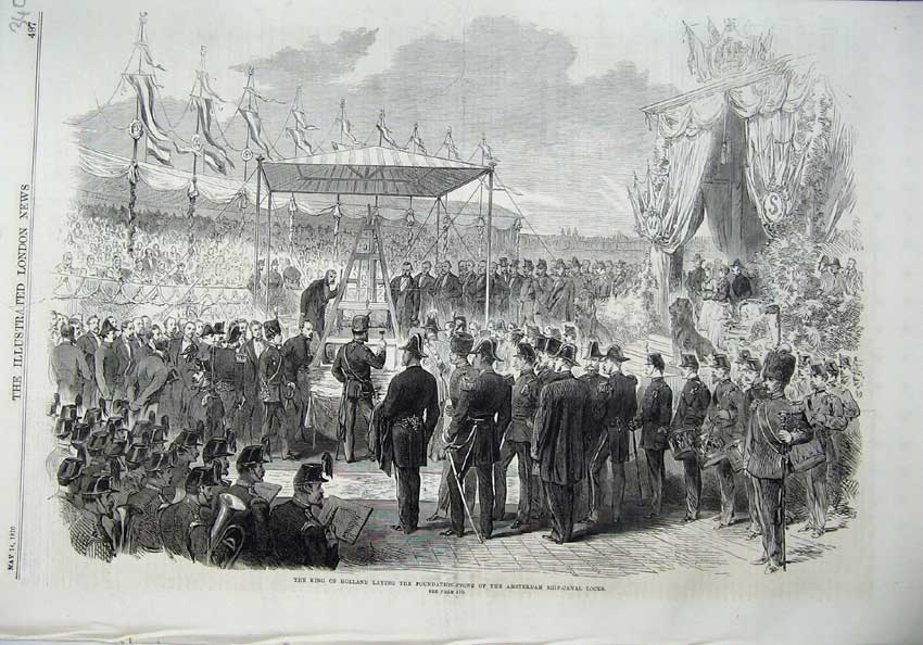 Old Antique Print 1870 King Holland Foundation Amsterdam Ship Canal Docks 19th