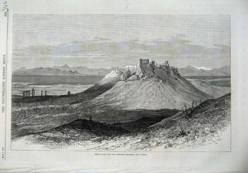 Original Old Antique Print 1870 Road Between Marathon Athens Mountains Fine Art