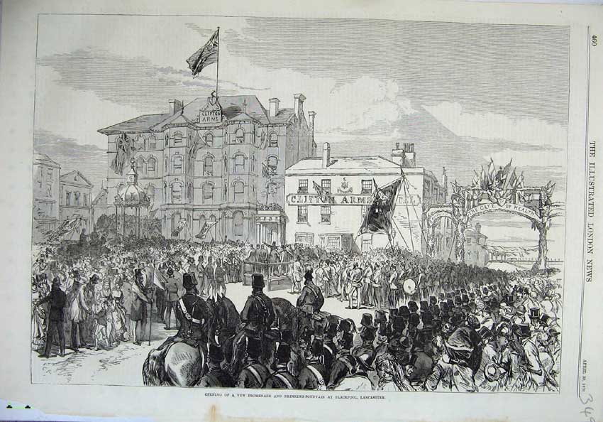 Old Antique Print 1870 Promenade Drinking Fountain Lancashire Army Horse 19th