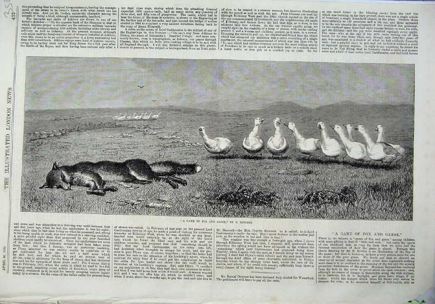 Original Old Antique Print 1870 Country Scene Dead Fox Geese Riviere Animals