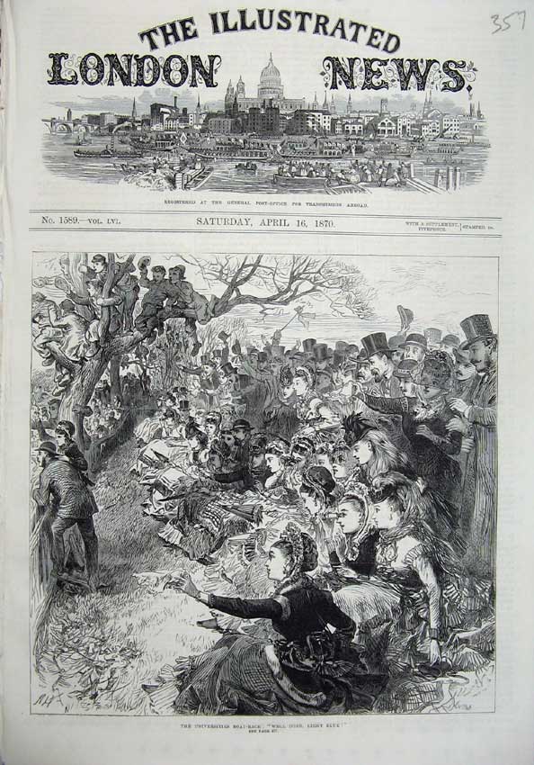 Old Antique Print 1870 Universities Boat Race Oxford Cambridge People Art 19th