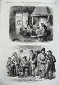 Original Old Antique Print Ireland 1870 Mud Cabin Fire Kildare Cottagers People