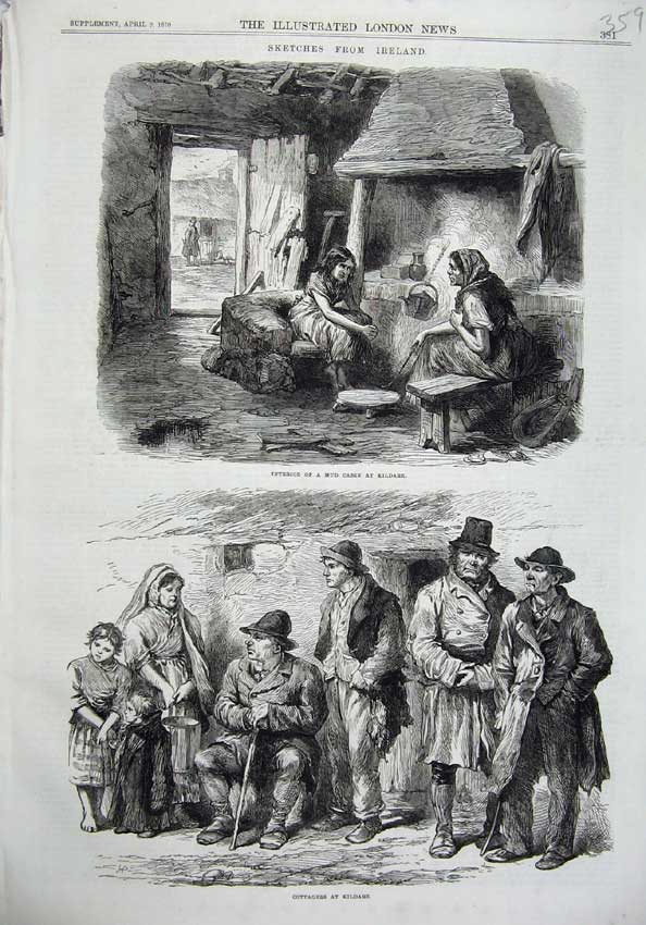 Original Old Antique Print Ireland 1870 Mud Cabin Fire Kildare Cottagers People