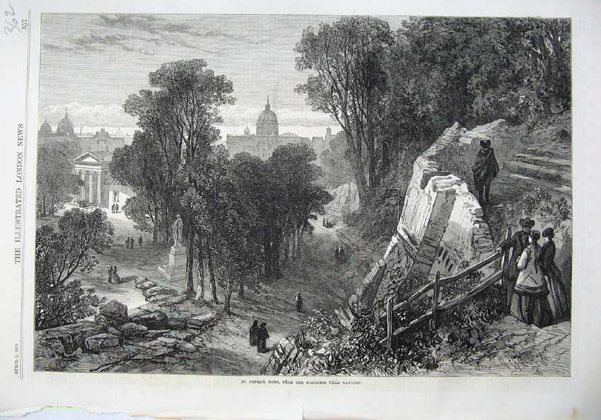 Original Old Antique Print Fine Art 1870 Borghese Villa Gardens St Peter'S Rome