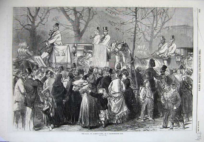 Original Old Antique Print 1870 Mall St James'S Park Drawingroom Horse Carriage