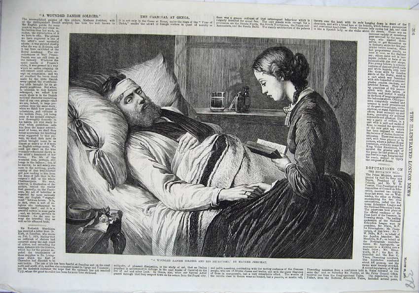 Original Old Antique Print 1870 Fine Art Wounded Danish Sier Bed Wife Jerichau
