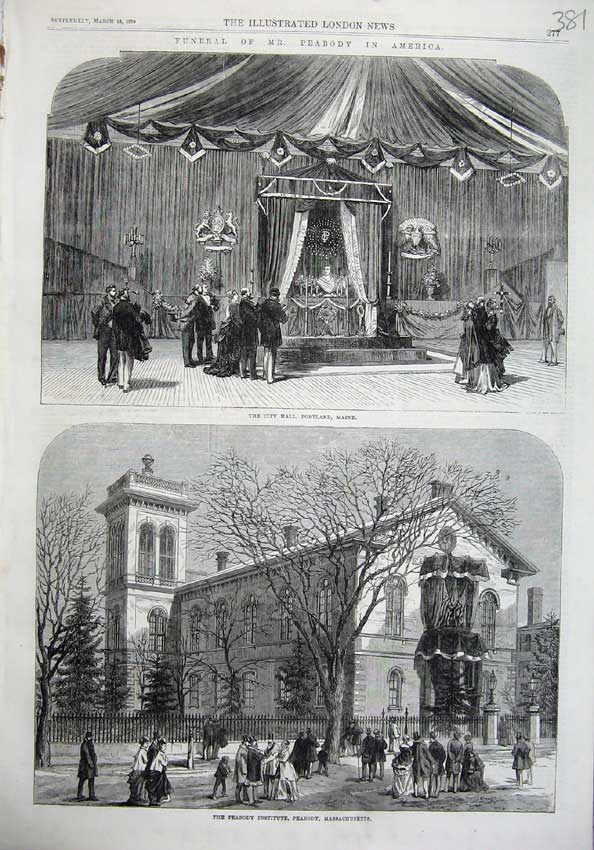 Original Old Antique Print Funeral Beabody America 1870 Portland Massachusetts
