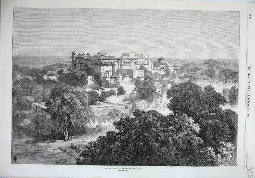 Original Old Antique Print 1870 Fine Art View Palace Bhurtpore India Trees 19th