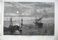 Old Antique Print 1870 Fine Art Bitter Lakes Suez Canal Ships Moonlight 19th
