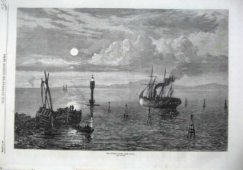 Old Antique Print 1870 Fine Art Bitter Lakes Suez Canal Ships Moonlight 19th