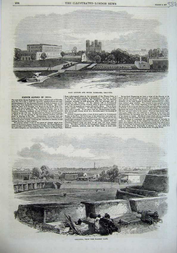 Old Antique Print Fort Church Barracks Calcutta 1870 Plassey Gate Cannon 19th